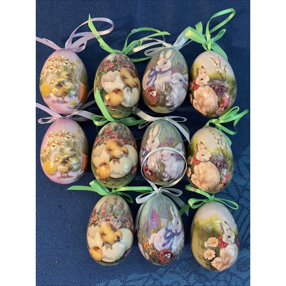 Vtg Decoupage Style Easter Egg Ornaments Basket Filler Bunnies & Chicks (11)